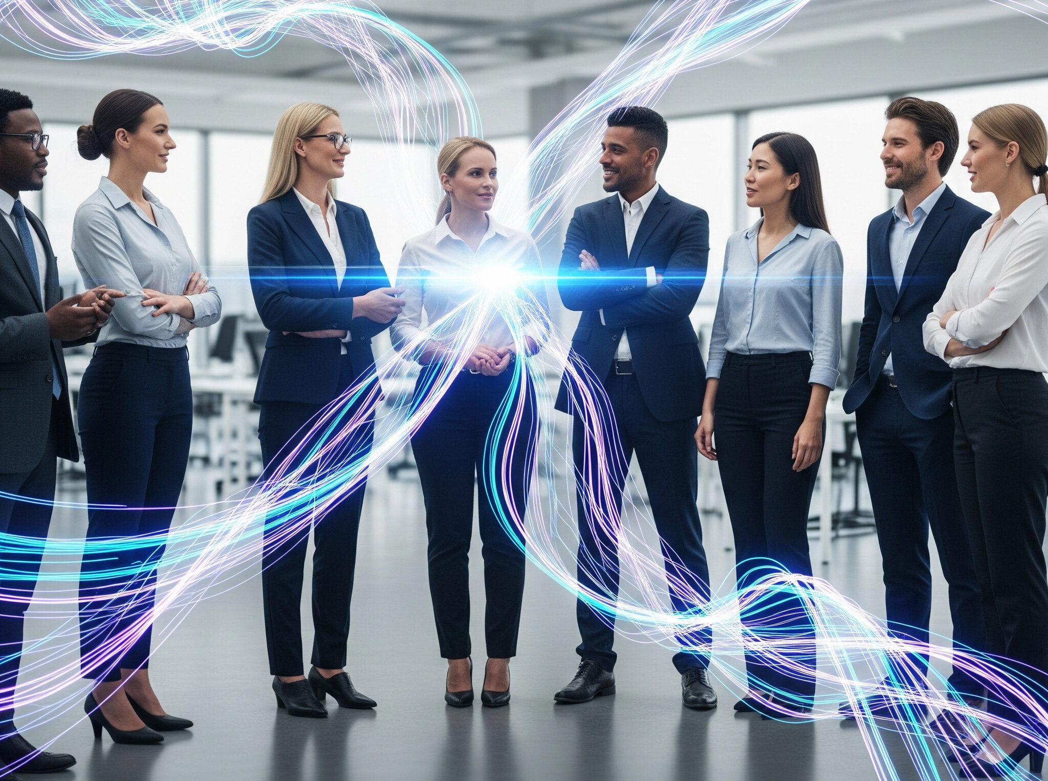 Diverse professionals collaborating with abstract flow lines representing AptitudeFlow leadership network